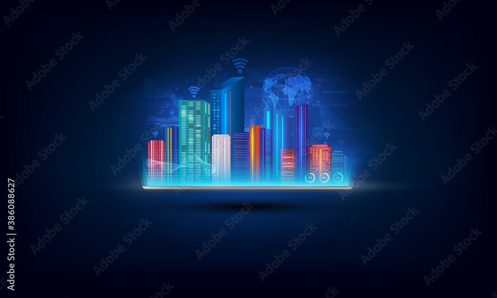 Fototapeta premium digital tablet with Smart city with smart and icons, networks internet of things.