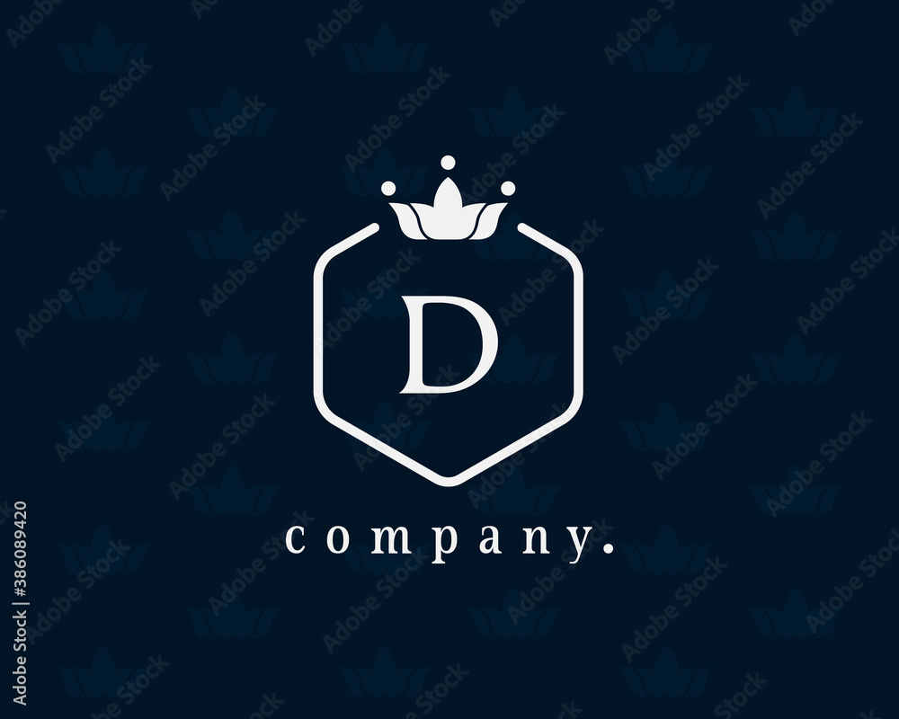 Letter D floral template Luxury logotype with crown. Monogram alphabet. Beautiful royal initials letter. Elegant symbol for book design, brand name, business card, Restaurant, Boutique and Hotel.
