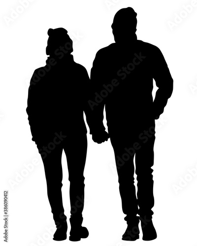 Young man and woman walking at street. Isolated silhouette on a white background