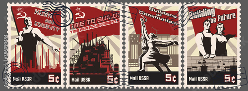 Soviet Work Propaganda Postage Stamps Stylization, Retro Post Marks Workers, Factories
