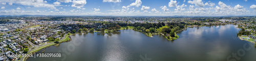 Aerial drone panoramic view over Lake Rotoroa (Hamilton Lake) Hamilton, in the Waikato region of New Zealand