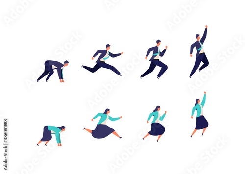 Running businessman and woman in suits.  Active poses of business people.