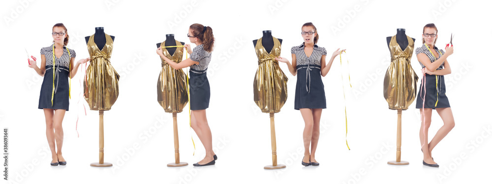 Fototapeta premium Woman tailor working on white background