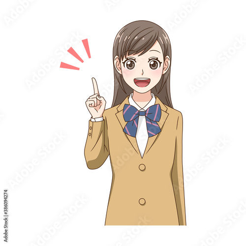 笑顔で指差しする制服の女の子