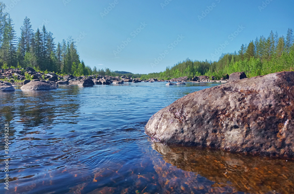 The shallow and unregulated part of Skellefte river in Sweden
