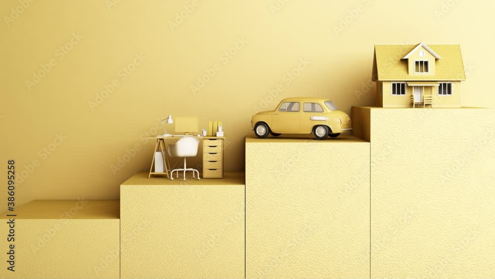 Thinking about home, car and work with another empty space on the yellow pedestal, the concept of life 3D rendering Thinking about home, car and work with another empty space on the yellow pedestal, the concept of life 3D rendering