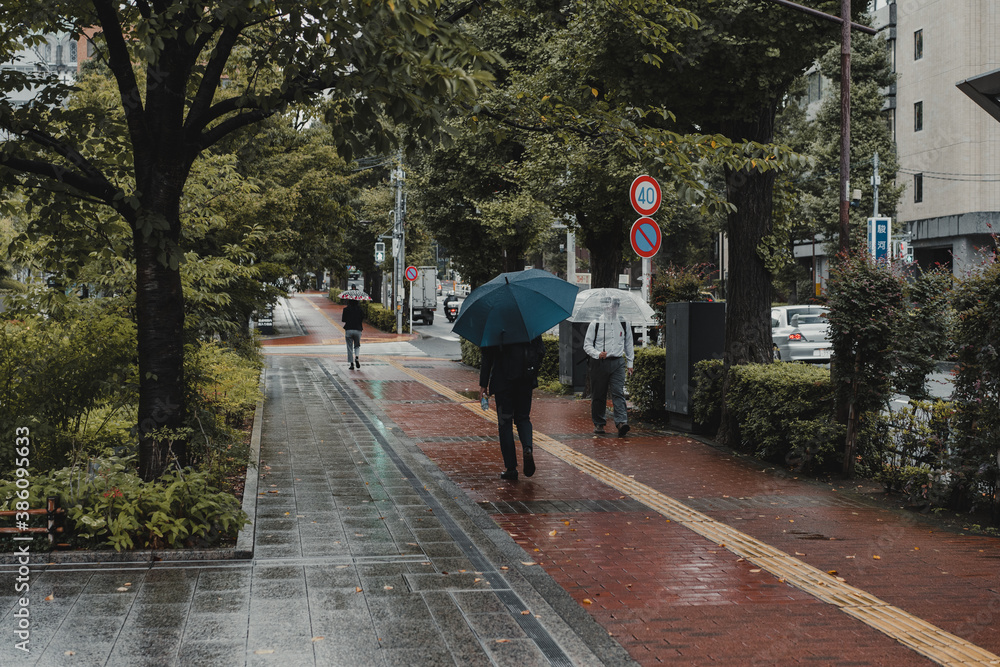 Commuters walking down the street on a rainy day in Tokyo, Japan.