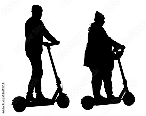 Family rides an electric scooter. Isolated silhouette on white background
