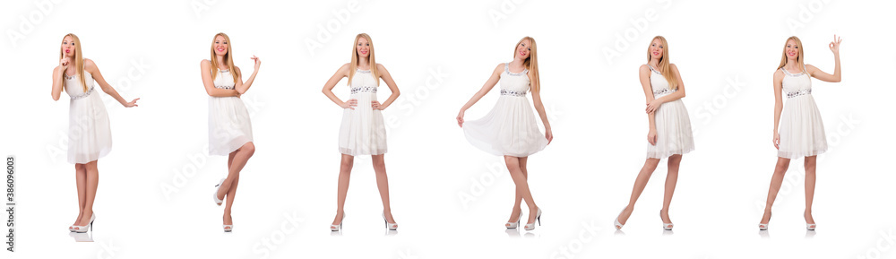 Beautiful woman in white dress isolated on white