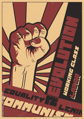 Socialism Propaganda Poster Retro Soviet Placards Stylization, Fist and Call Revolution Illustration 