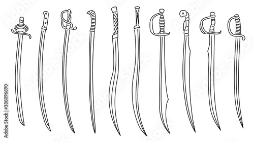 Set of simple images of sabers and cutlasses swords drawn in art line style.