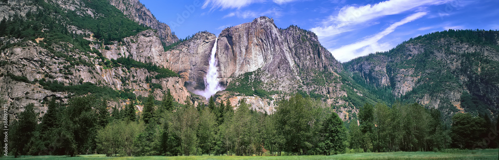 Panoramic View of Waterfall Falling From Mountain. Natural Scenery, Landscape National Park\