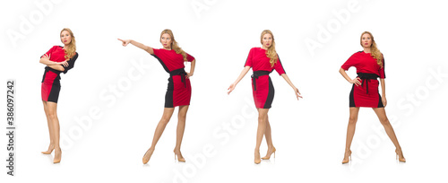 Beautiful lady in red black dress isolated on white