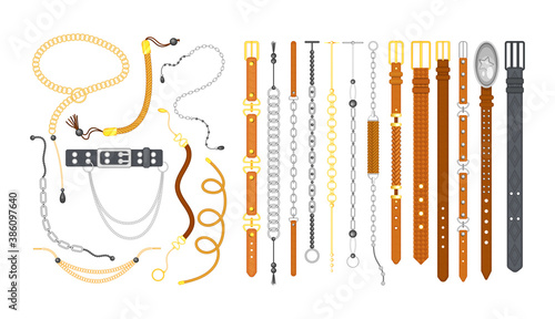 Belts leather and metallic gold and silver chains, stainless steel necklaces. Fashion jewelry from precious metals. Vector illustration with realistic metallic accessories.