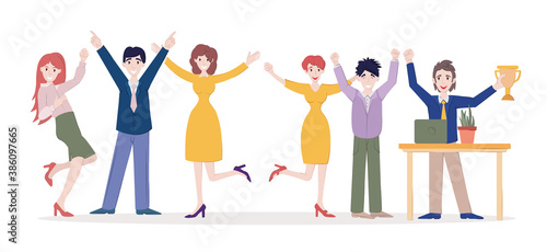 Team celebrates success. Successful working colleagues with prize. Business teamwork group employee of happy people, jumping, celebrating victory together. Achievement reward, winning characters