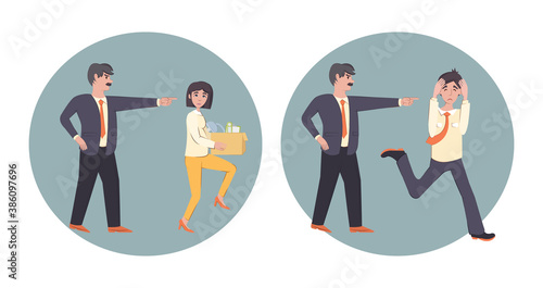 Fired woman and angry man boss. Boss dismissal people at work, showing the incompetent employee at the door. Girl and man leaves the workplace. Firing, dismissal