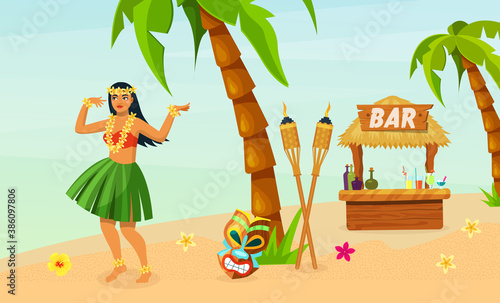 Hawaiian party. Hawaiian girl in traditional dress made of leaves, dancing on beach among palm trees and tropical plants near tiki bar. Tropical vector hawaiian beach party