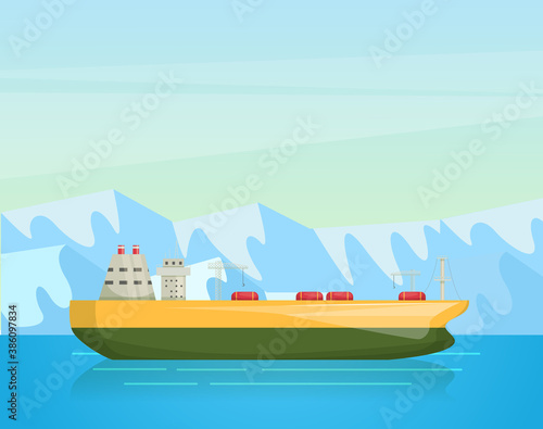 Maritime ships at sea, ferryboat against the background of mountain glaciers. Ferry boat water transportation tourism transport cartoon vector