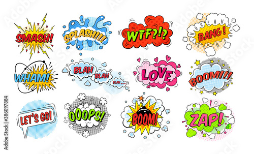 Comic speech bubble. Speech clouds with quotes, exclamations, , surprise, admiration, anger, sound effects pop art. Cartoon pattern with comic speech bubble, boom, burst clouds.
