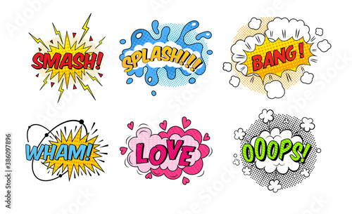 Comic speech bubble. Speech clouds with quotes, exclamations, , surprise, admiration, anger, sound effects pop art. Cartoon pattern with comic speech bubble, boom, burst clouds.