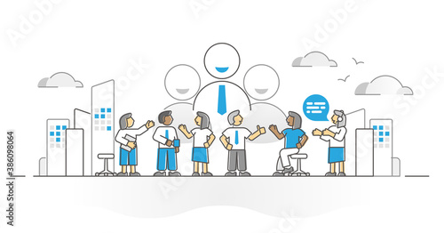 Workforce labor as employee worker team in office monocolor outline concept