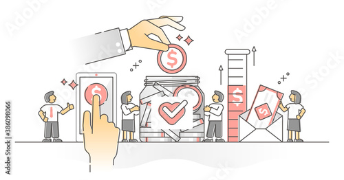 Donating money as charity finance support campaign monocolor outline concept