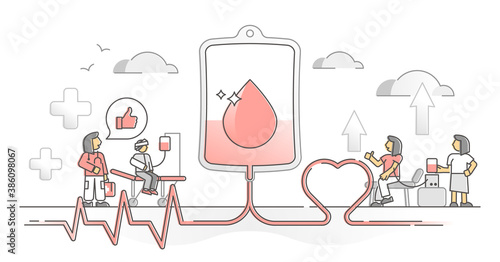 Blood donation volunteer and patient help support monocolor outline concept