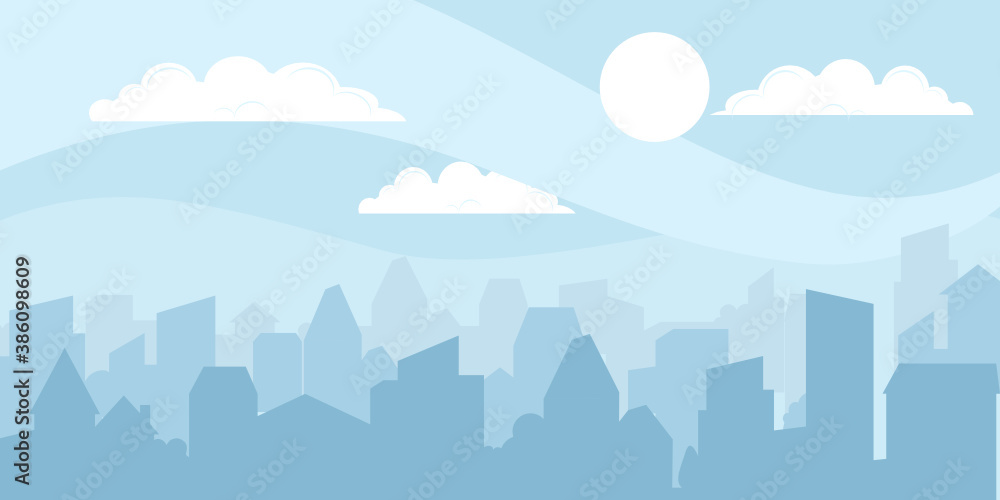 Cityscape with blue sky background.