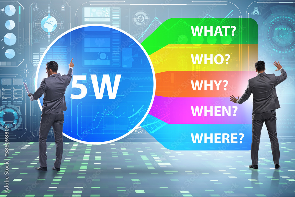 Five whys concept with businessman pressing virtual button Five whys concept with businessman pressing virtual button