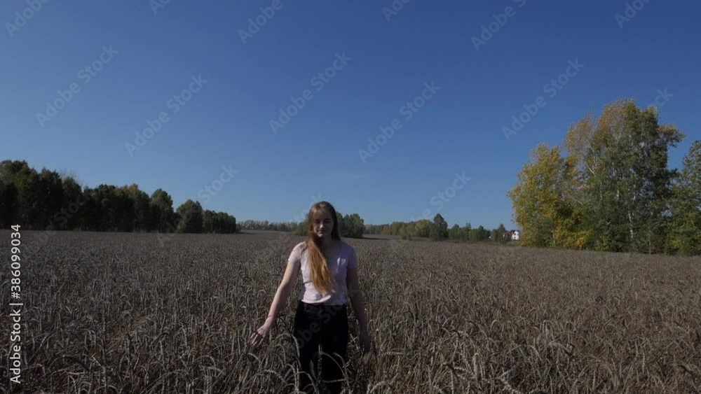 Woman. A young woman walks through a wheat field touching the ears with her hands. Slow motion. Close - up shooting. Woman. A young woman walks through a wheat field touching the ears with her hands. Slow motion. Close - up shooting.