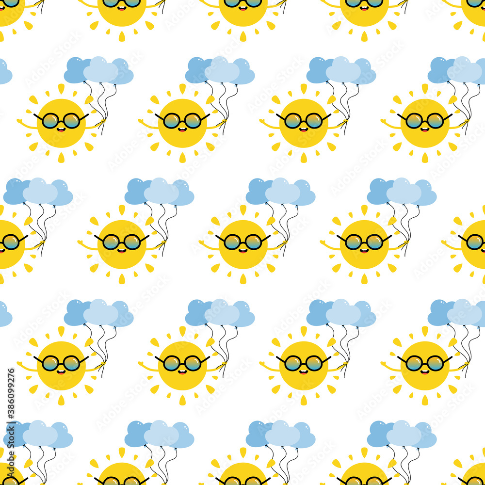 Vector seamless pattern background with cute cartoon sun character in sunglasses, smiling, holding a bunch of cloud balloons in hand.
