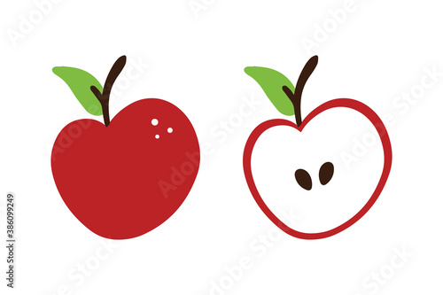 Fresh red apples set, collection. Whole and cut in half apples vector icons, illustration.