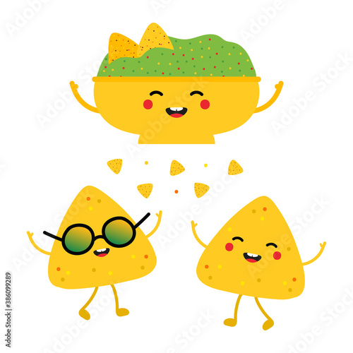 Set, collection of cute cartoon style nachos and guacamole characters, cute and smiling for mexican food design.
