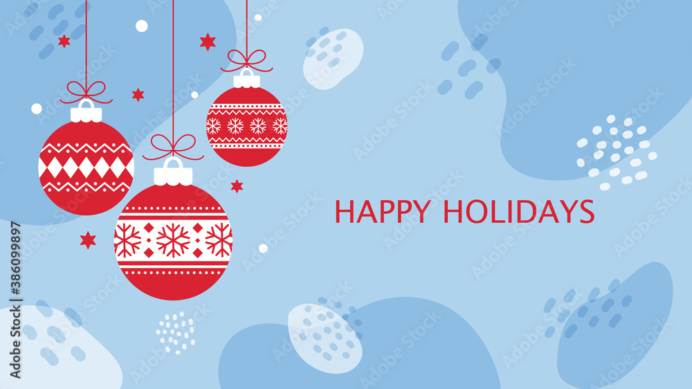 Modern Christmas background design. Red and white ornaments, Christmas balls on blue abstract shapes background. Flat style vector illustration.