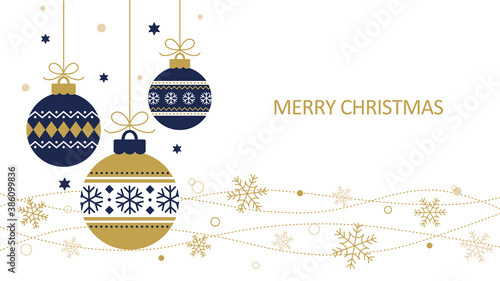 Christmas background design with ornaments and snowflakes. Hanging navy and gold ornaments, Christmas balls on white background. Flat style vector illustration.