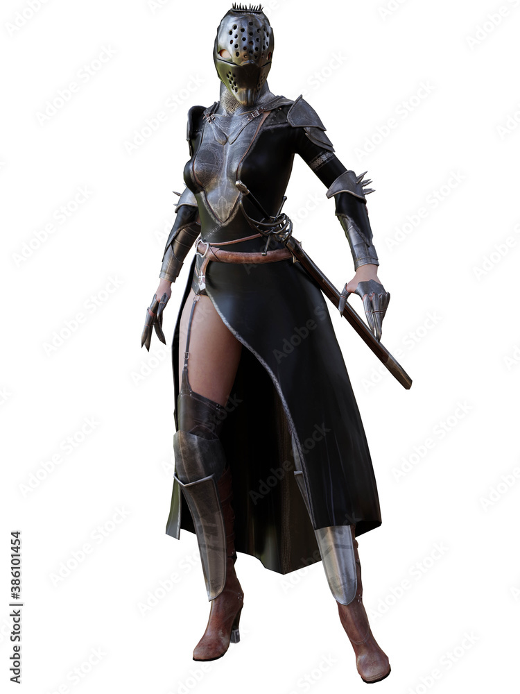 3D rendered fantasy character. Fantasy warrior woman with armor and sword. Dark Knight.