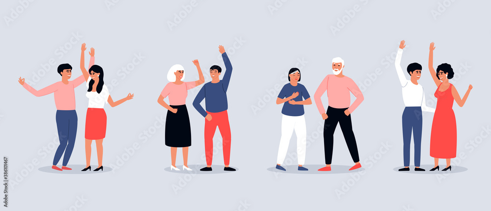 Set of dancing pairs of men and women. People move to the beat of the music. Festive mood. Happy dancing people. Holiday flat vector illustration. Set of dancing pairs of men and women. People move to the beat of the music. Festive mood. Happy dancing people. Holiday flat vector illustration.