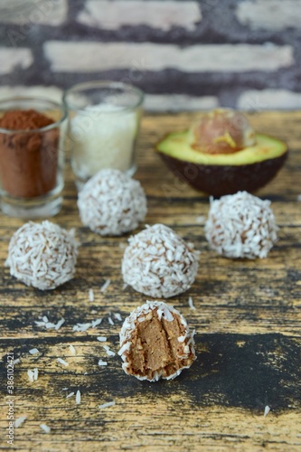 Avocado coconut chocolate protein energy balls