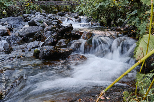Forest river wild waterfall view. Wild river stream rocks flowing. Forest river rocks view.