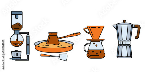 A set of accessories for making coffee. Siphon, Turkish cezve in the sand, pour over, geyser coffee maker. Vector colored outline icons.