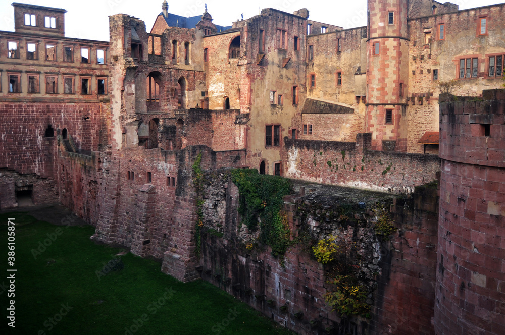 Inside and structure of ancient ruins Heidelberg Castle or Heidelberger Schloss for german people and foreign traveler visit travel at Heidelberg city on November 1, 2016 in Baden Wurttemberg, Germany
