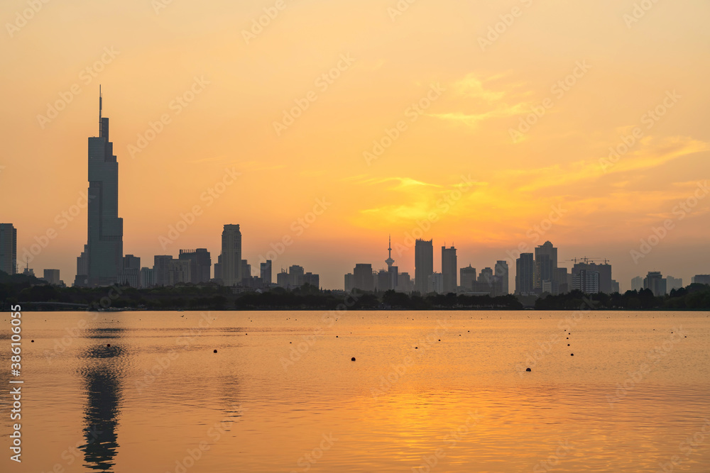Sunset beautiful skyline of Nanjing City, Jiangsu, China