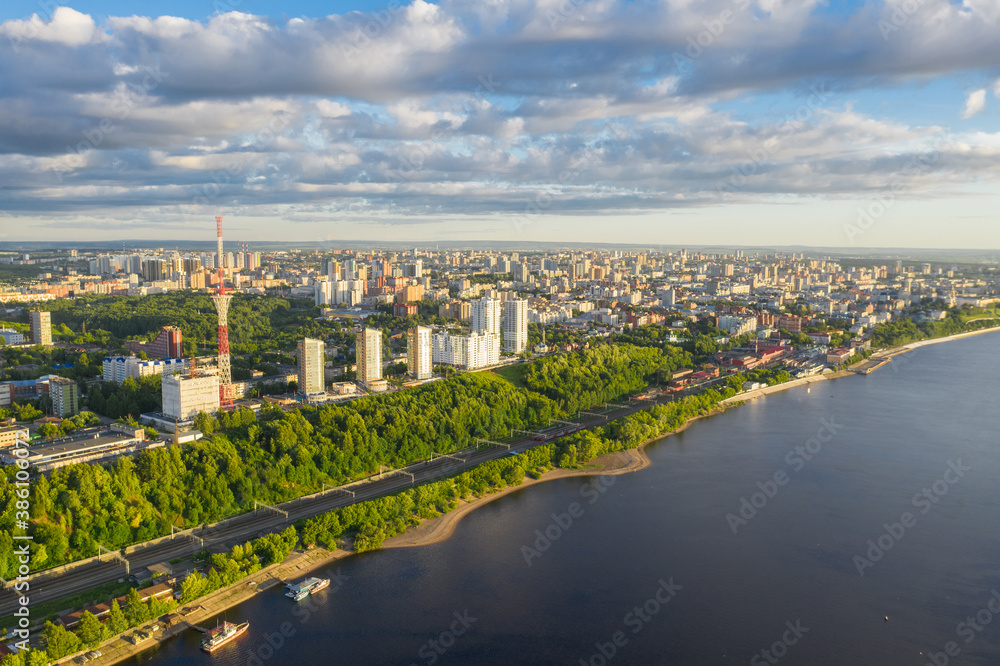 Perm, a large city of the Urals, the capital of the Perm Territory from a bird's eye view, drone photography.