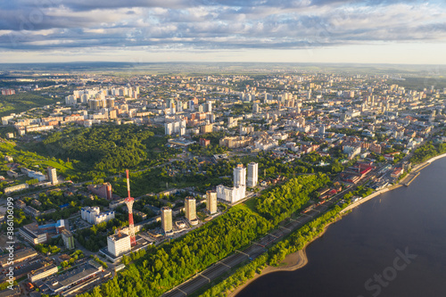 Top view of Perm, the mouth of the Kama River, Perm Territory. Aerial view, drone.