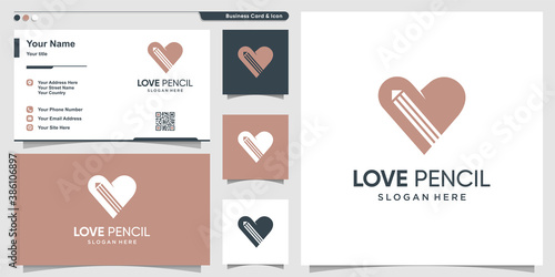 Love logo with silhouette pencil inside and business card design Premium Vector