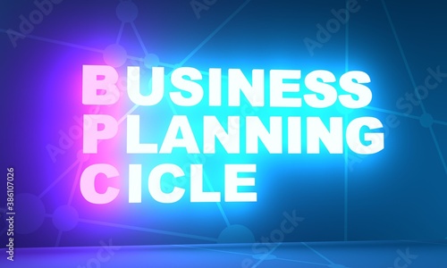 BPC - Business planning cicle acronym. Business concept background. 3D rendering. Neon bulb illumination
