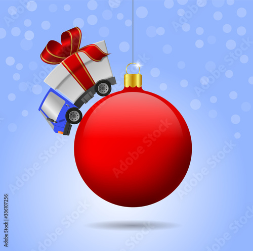 Delivery truck with gift box and christmas ball