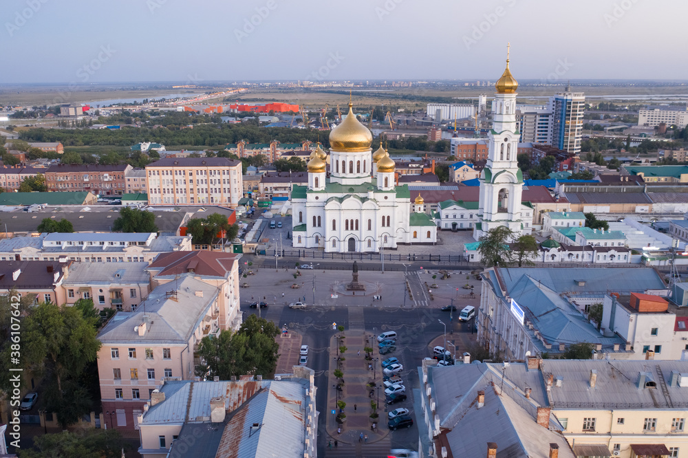 ROSTOV-ON-DON, RUSSIA - SEPTEMBER 2020: Cathedral of the Nativity of the Blessed Virgin, panoramic view of the central part of Rostov-on-Don, drone aerial view.