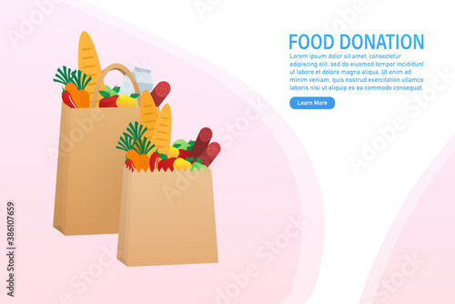 Cartoon food donation for flyer design. Food in carton box. Cartoon poster with food donation for banner design. Vector illustration.