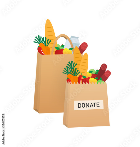 Cartoon food donation for flyer design. Food in carton package. Cartoon poster with food donation for banner design. Vector illustration.